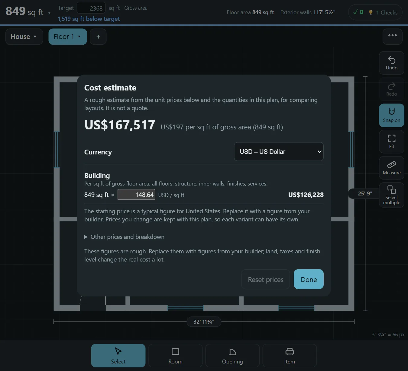 The cost estimate window in Floorprint with the price per square foot and the total