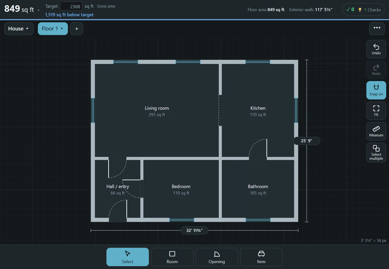 A floor plan of a small house in Floorprint, with the area of each room