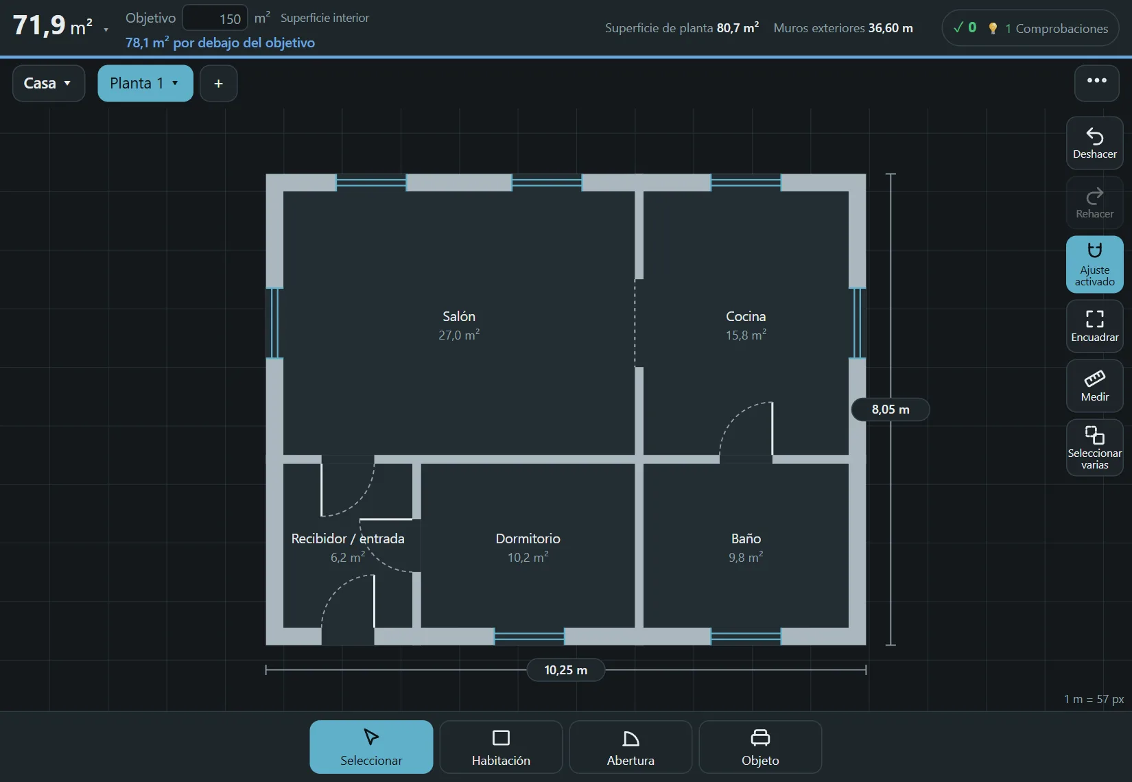 Plano de una casa pequeña en Floorprint, con la superficie de cada habitación