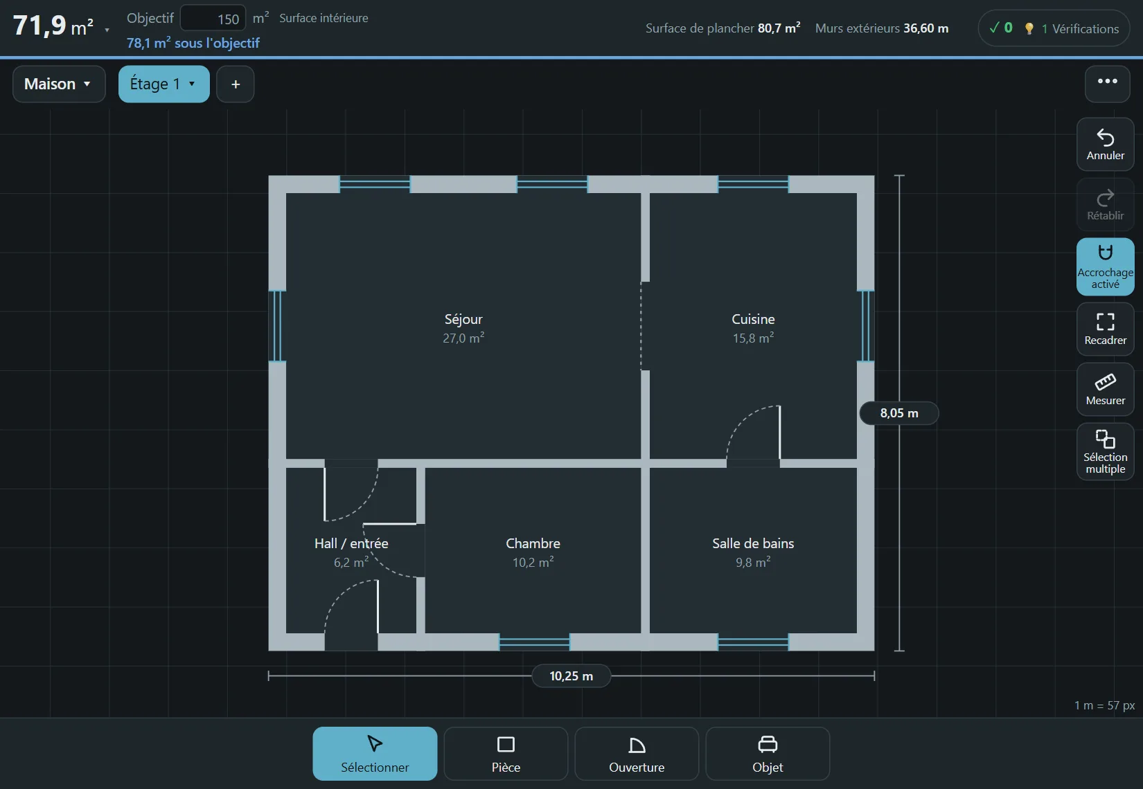 Plan d’une petite maison dans Floorprint, avec la surface de chaque pièce