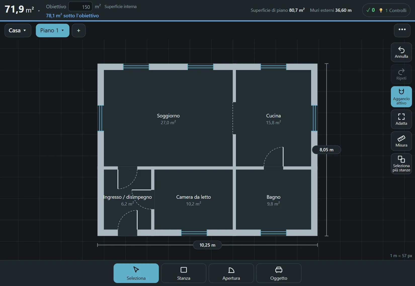 Pianta di una piccola casa in Floorprint, con la superficie di ogni stanza