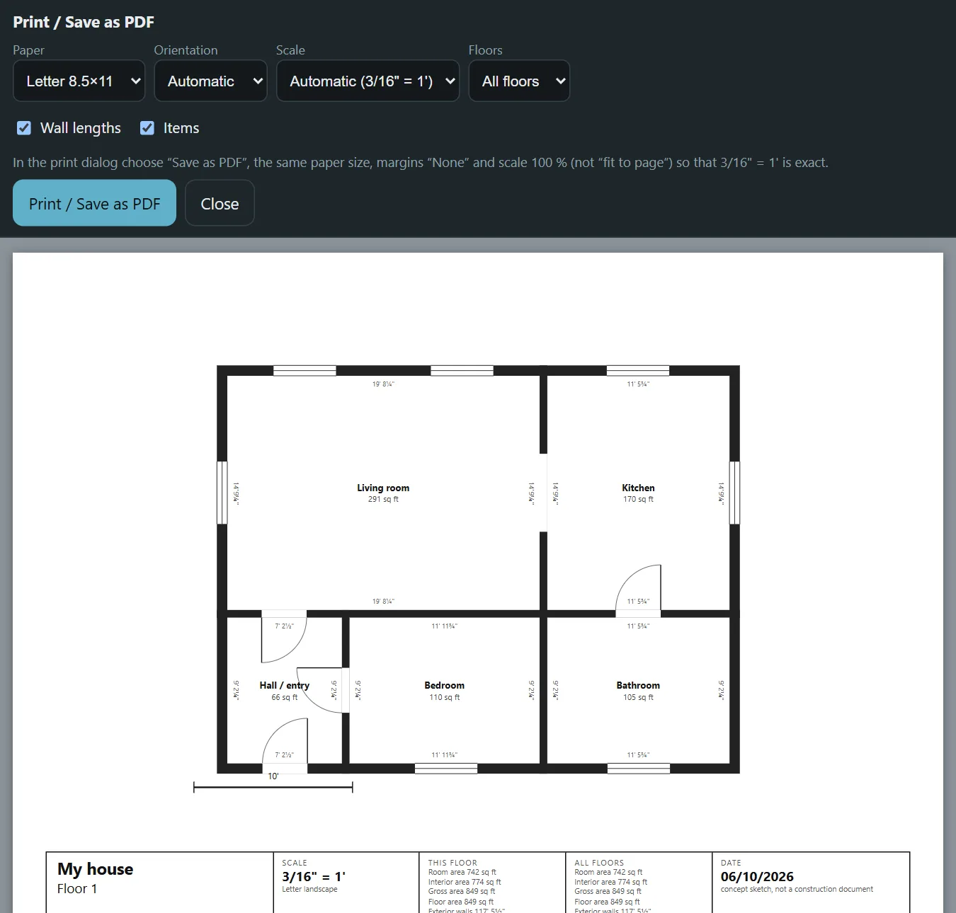 The print preview in Floorprint showing a floor plan on a Letter page with a scale bar