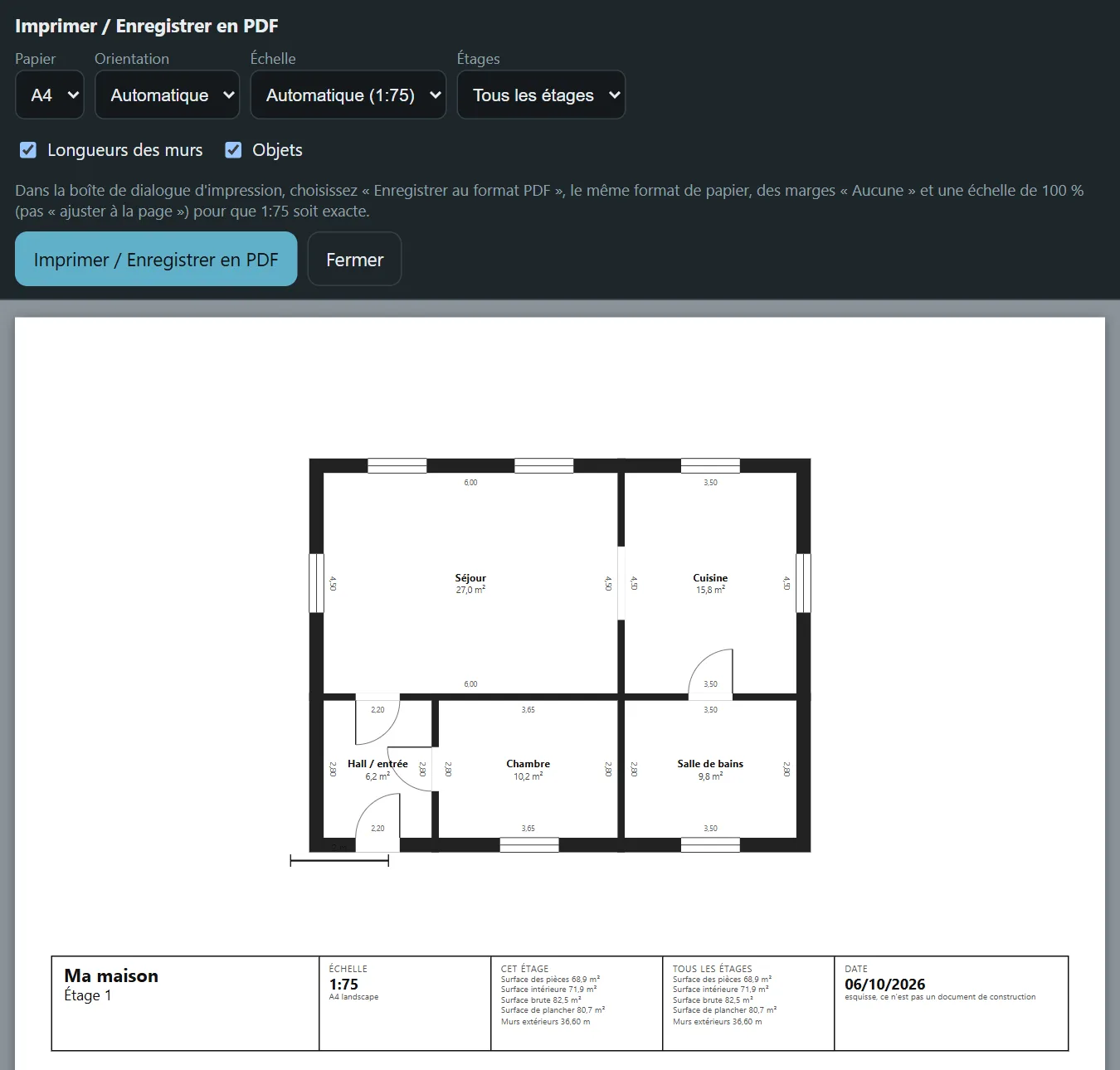 L’aperçu d’impression de Floorprint avec un plan sur une feuille A4 et sa barre d’échelle