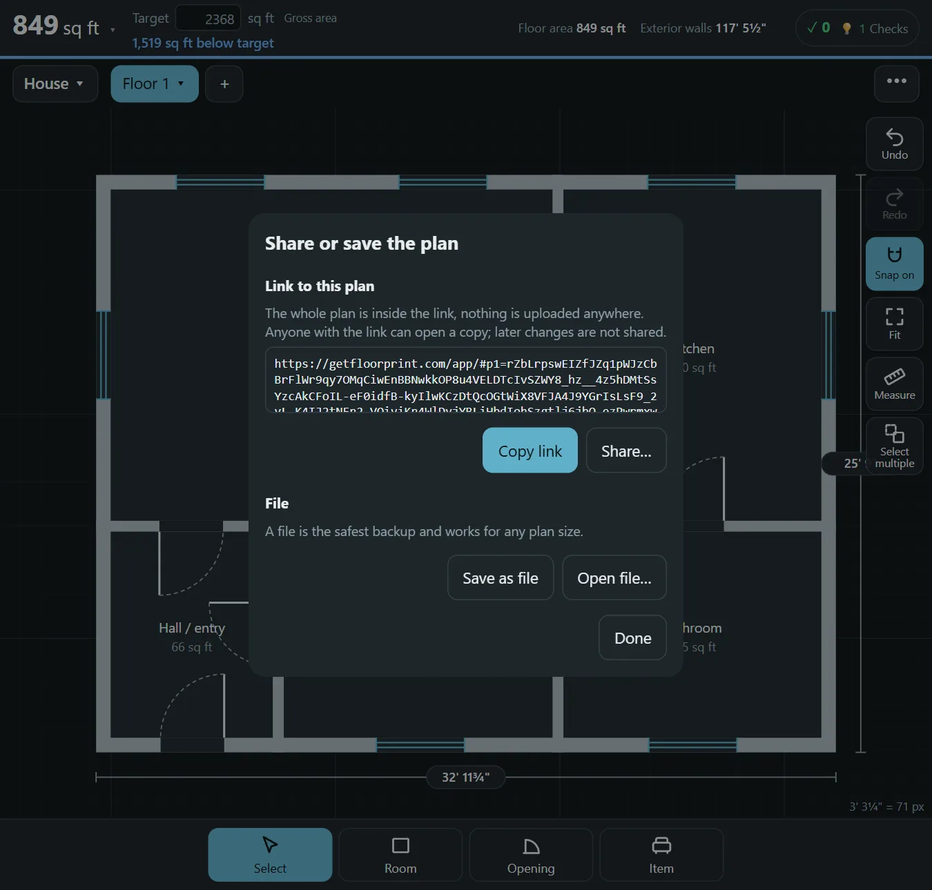 The Share or save the plan dialog in Floorprint, with a link to the plan and buttons to save or open a file