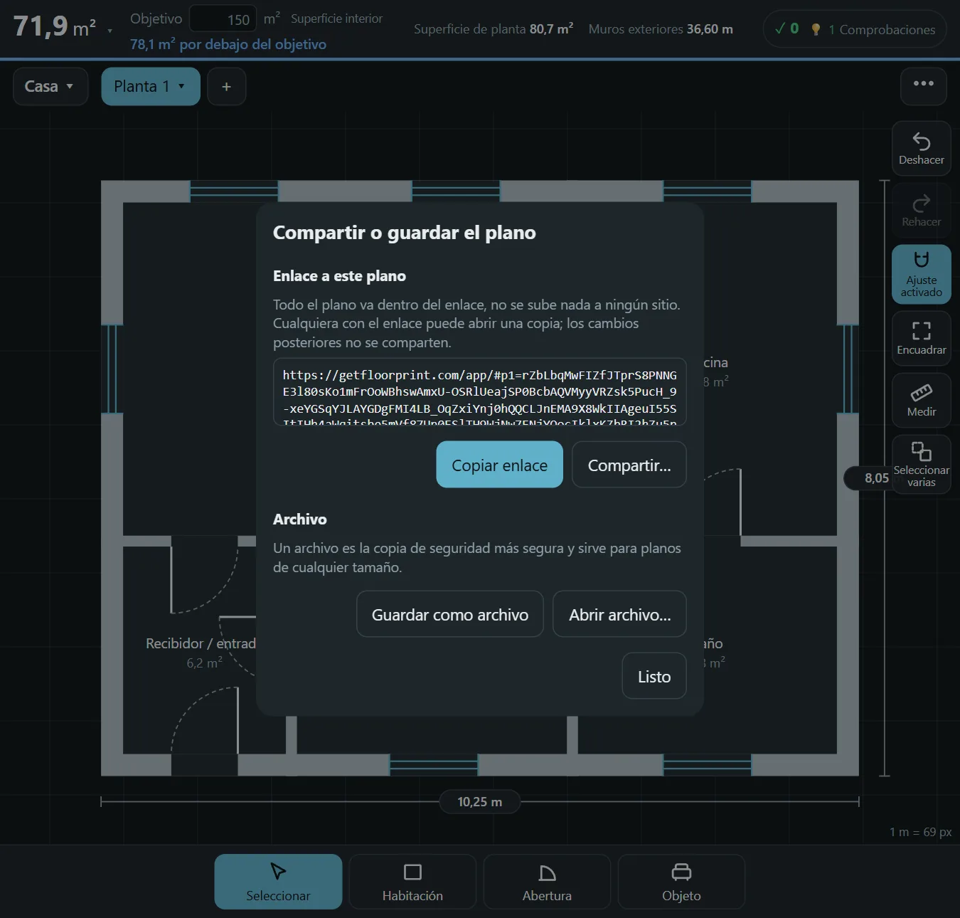 El cuadro para compartir o guardar el plano en Floorprint, con el enlace al plano y los botones para guardar o abrir un archivo