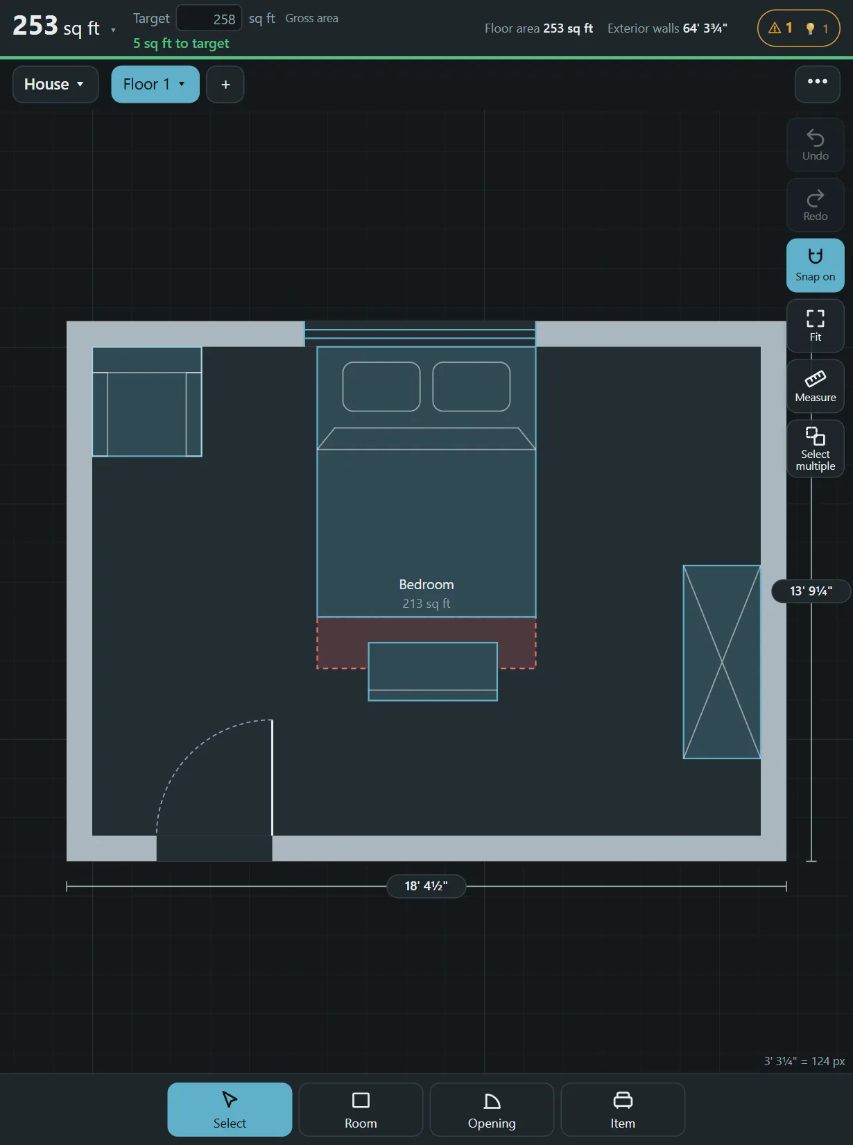 A furnished bedroom plan in Floorprint on a tablet-sized screen