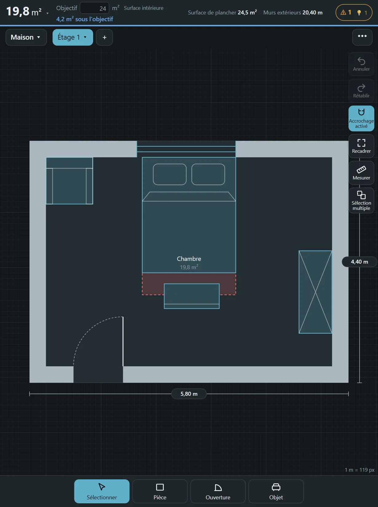 Le plan d’une chambre meublée dans Floorprint sur un écran de la taille d’une tablette