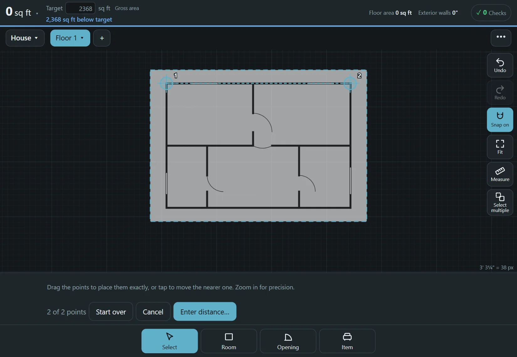 Two points marked on the top wall of a floor plan picture in Floorprint, with the button to enter their real distance